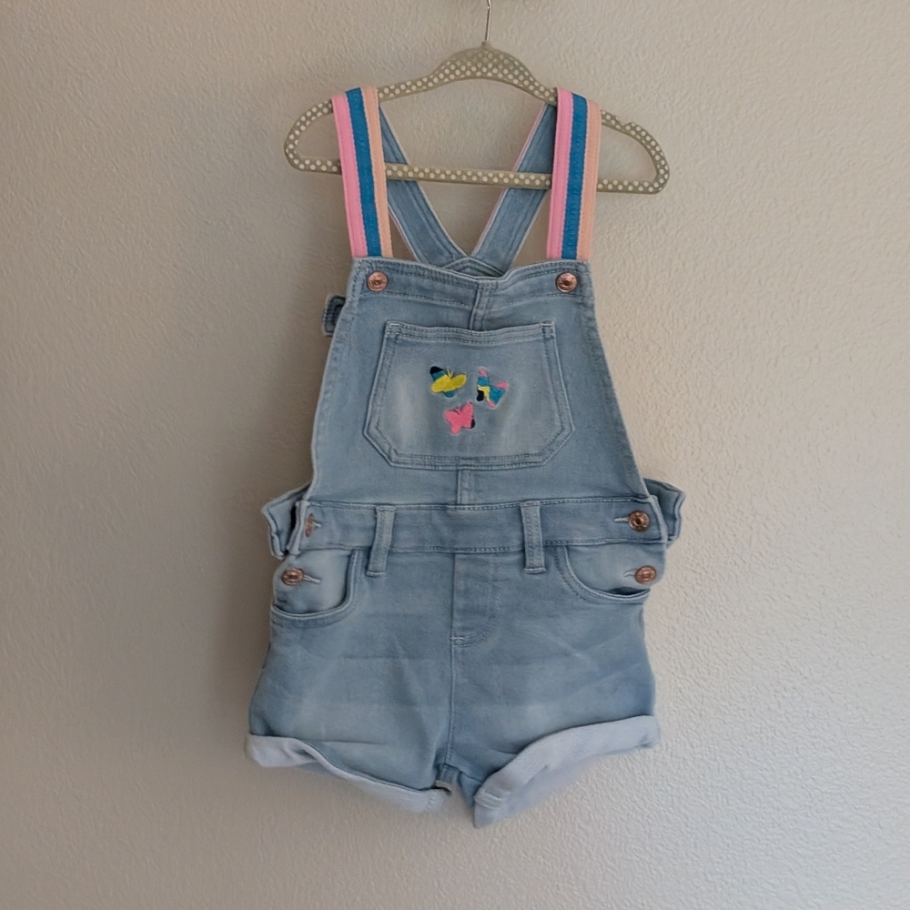 BCBG Girls Denim Shorts Overalls Rainbow Straps Butterfly Embroidery Size 3T